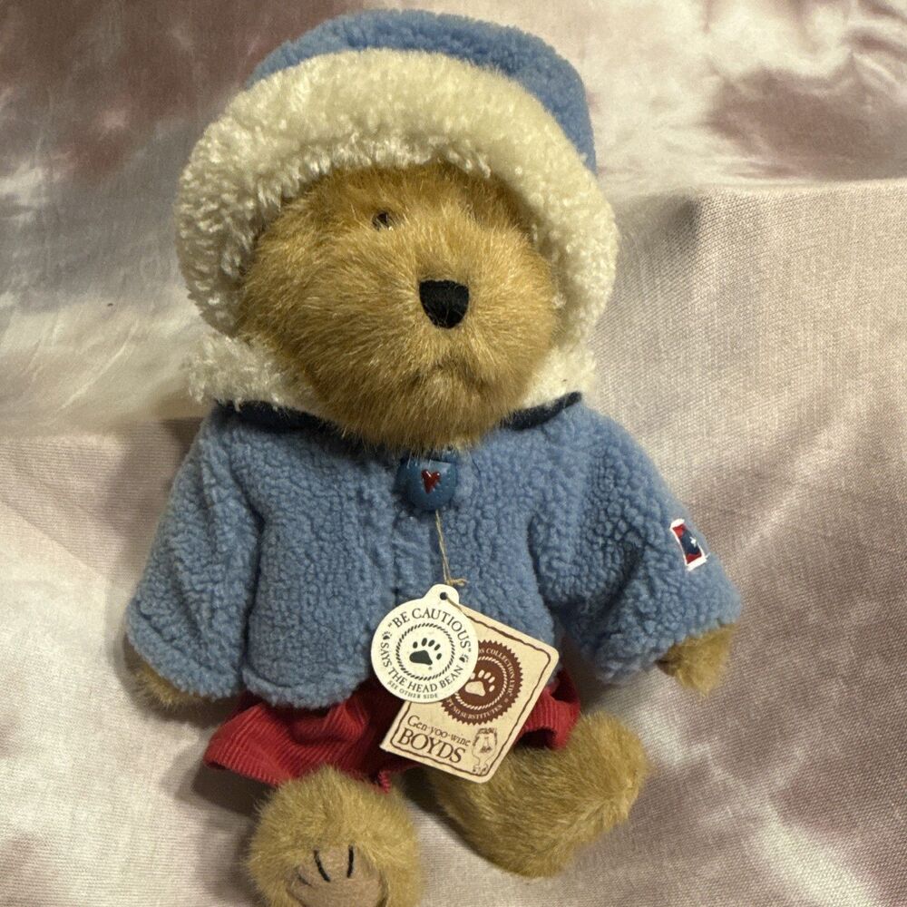 Boyds Brown Plush Teddy Bear w/ Blue Coat, Hat & Red Skirt, Hang Tag